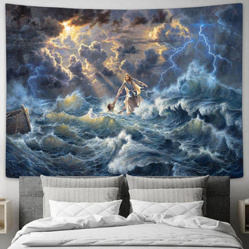 Jesus Saves Peter From Drowning Tapestry Wall Art - Jesus Christ Tapestry - Christian Tapestry Prints