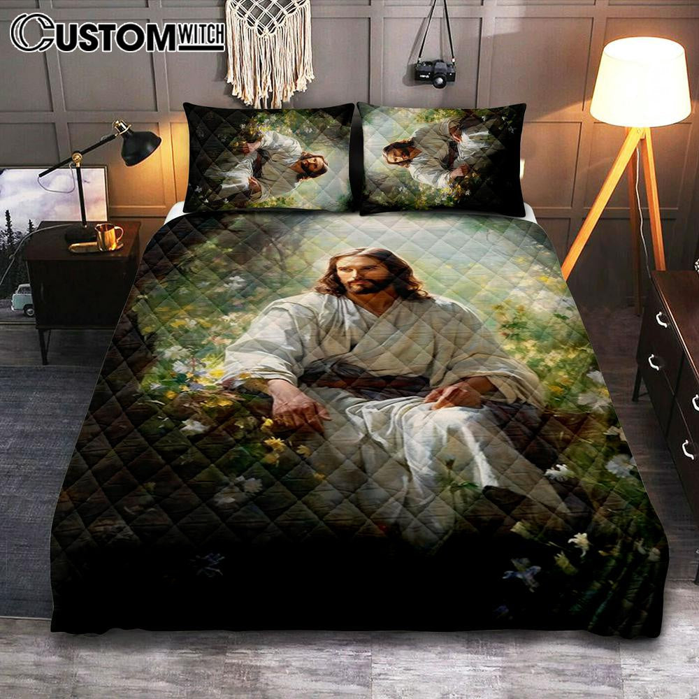 Jesus Sitting Down In The Forest Quilt Bedding Set Prints - Jesus Quilt Bedding Set Art - Christian Bedroom Decor