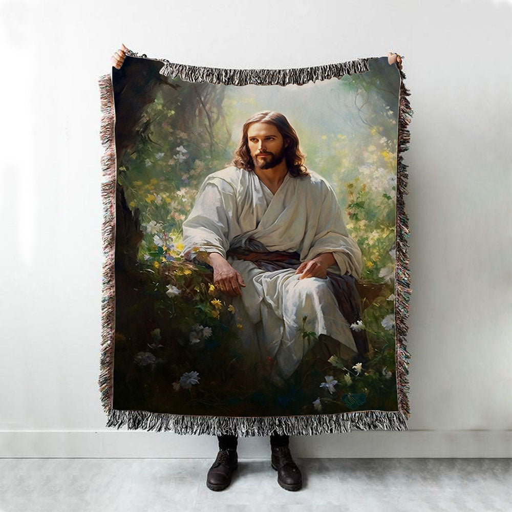 Jesus Sitting Down In The Forest Woven Blanket Prints - Jesus Woven Blanket Art - Christian Throw Blanket Decor