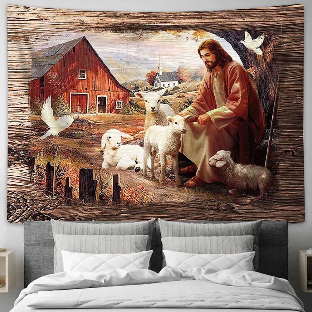 Jesus Sitting with the lambs Dove Tapestry Wall Art - Bible Verse Tapestry - Religious Tapestry Wall Hanging