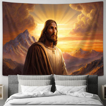 Jesus Standing Front Mountain With Sun Shining Him Tapestry Pictures - Faith Art - Christian Tapestry Wall Art Decor