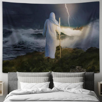 Jesus Standing On The Rock Shore Of A Stormy Sea Tapestry Art - Christian Wall Art Decor - Jesus Christ Tapestry