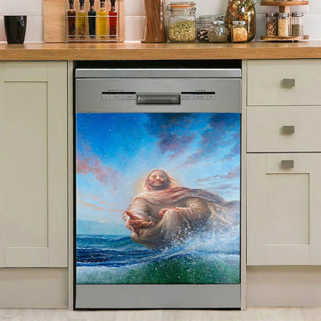 Jesus Standing On Water With Sun Shining Him Dishwasher Cover, Religious Dishwasher Wrap, Christian Kitchen Decoration