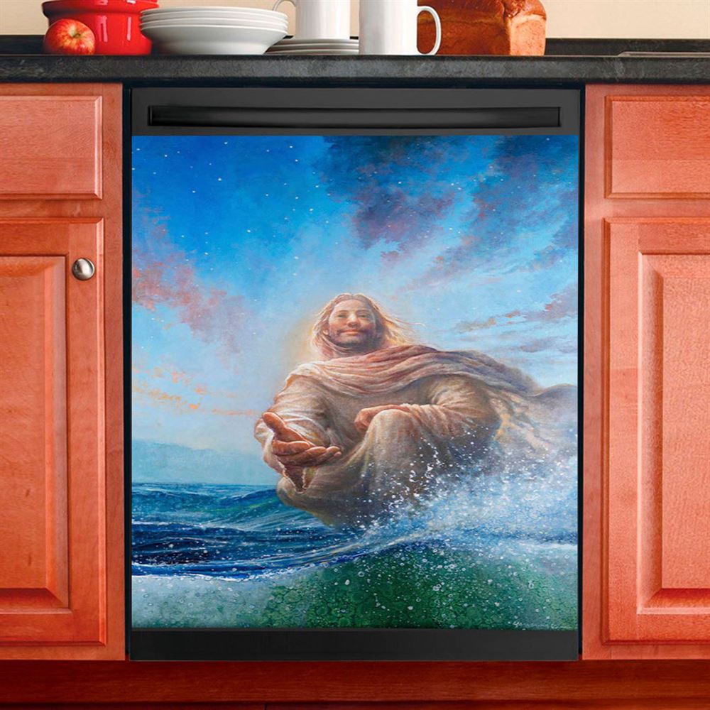 Jesus Standing On Water With Sun Shining Him Dishwasher Cover, Religious Dishwasher Wrap, Christian Kitchen Decoration