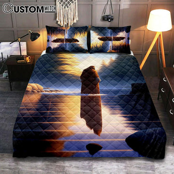 Jesus Standing On Water With Sun Shining Him Quilt Bedding Set Prints - Religious Quilt Bedding Set Art - Christian Cover Twin Bedding Decor