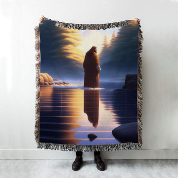 Jesus Standing On Water With Sun Shining Him Woven Blanket Prints - Religious Woven Blanket Art - Christian Boho Blanket