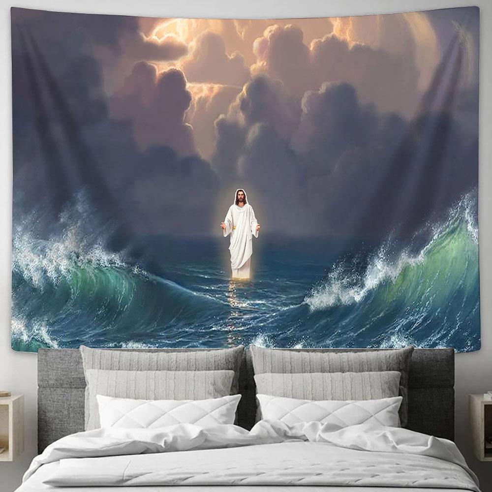 Jesus Stands On The Sea Tapestry Wall Art - Jesus Christ Tapestry - Christian Tapestry Prints