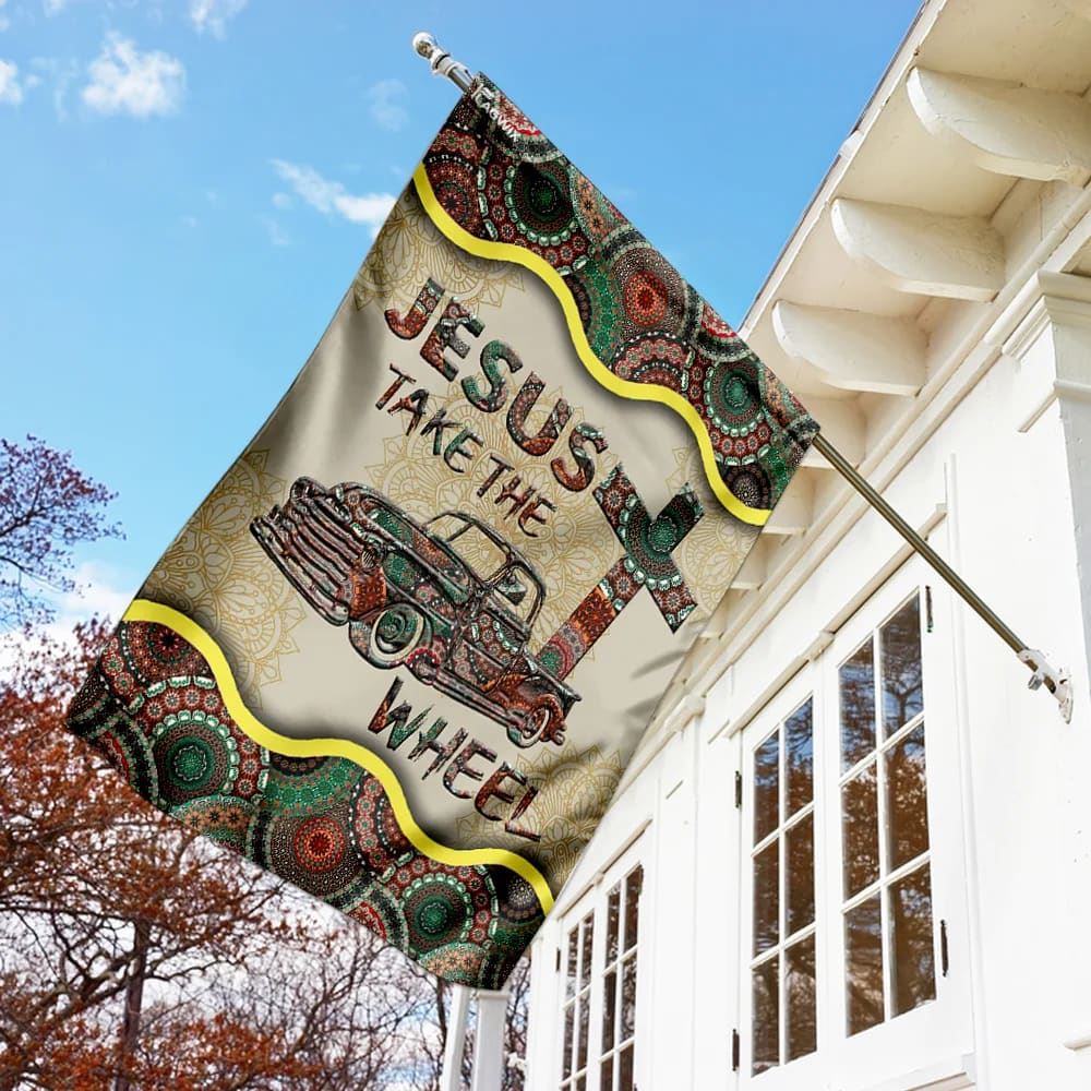 Jesus Take The Wheel Vintage Mandala House Flag, Christian Flag, Christian Flag, Scripture Flag, Garden Banner