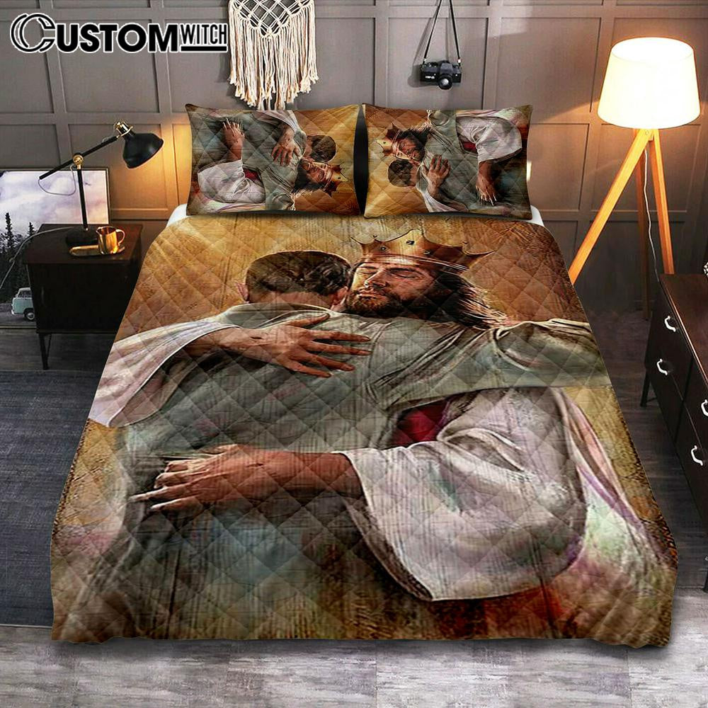 Jesus The King Quilt Bedding Set - A Heartwarming Hug From Jesus Bedroom Quilt Bedding Set - Jesus Portrait Quilt Bedding Set Prints - Christian Bedroom