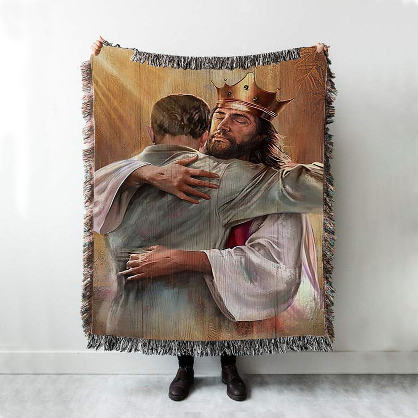 Jesus The King Woven Blanket - A Heartwarming Hug From Jesus Boho Blanket - Jesus Portrait Woven Blanket Prints - Christian Throw Blanket
