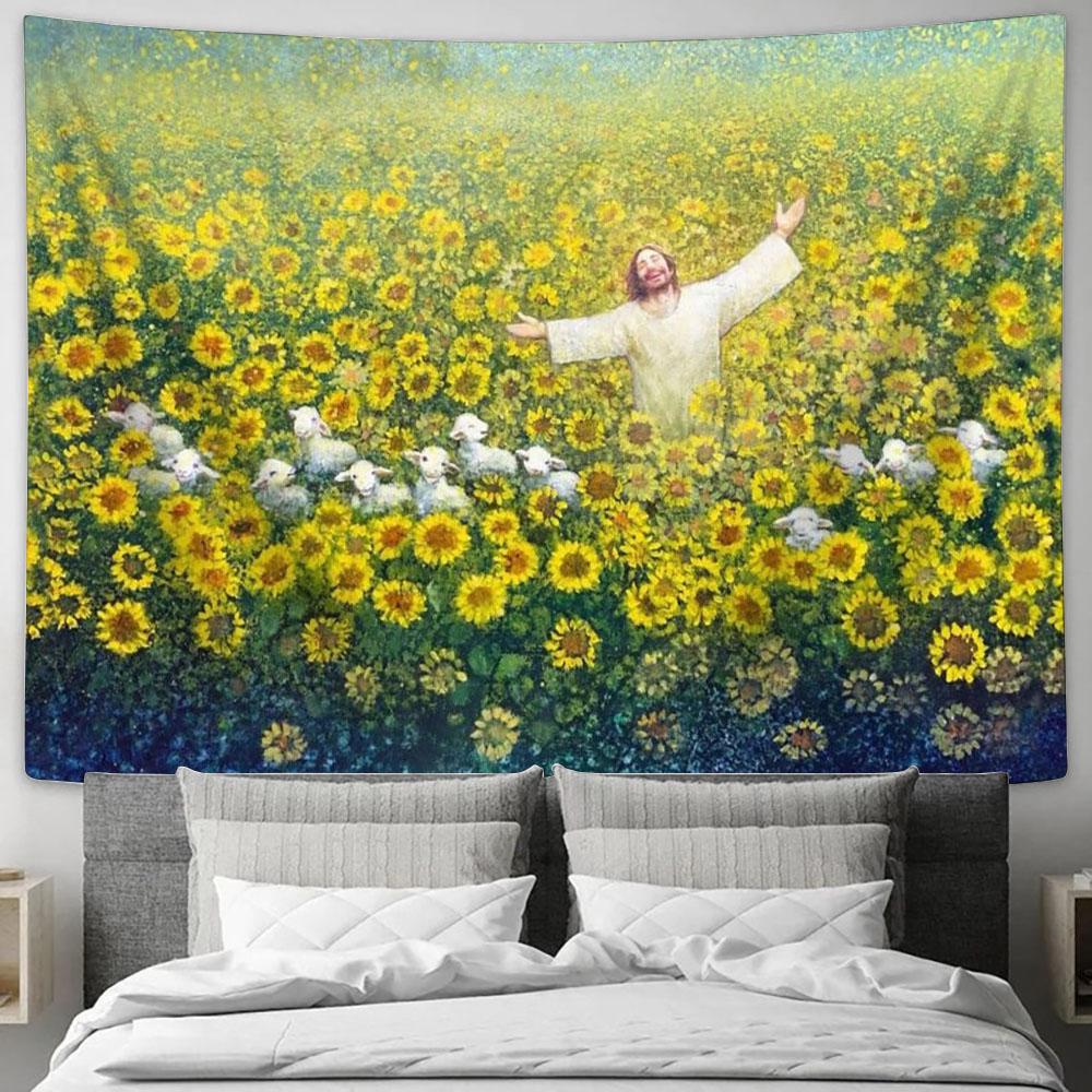 Jesus The Lambs And Sunflower Tapestry - Be Glad And Rejoice Large Tapestry - Christian Tapestry Prints - Religious Tapestry Art
