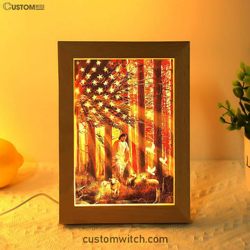 Jesus &amp; The Lambs Frame Lamp Art - Jesus Frame Lamp Pictures - Christian Night Light