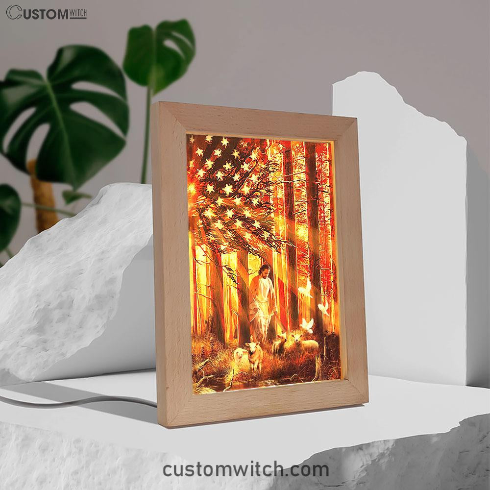 Jesus &amp; The Lambs Frame Lamp Art - Jesus Frame Lamp Pictures - Christian Night Light
