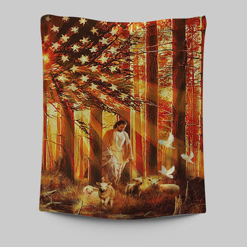 Jesus &amp; The Lambs Tapestry Wall Art - Jesus Tapestry Pictures - Christian Tapestries Wall Art