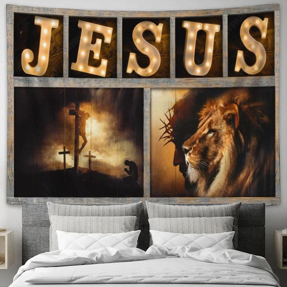 Jesus The Lion Of Judah Jesus On The Cross Tapestry, Tapestries for Living Room Bedroom