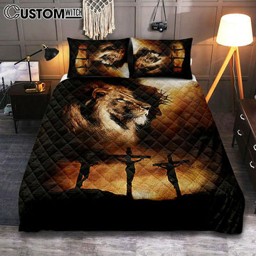 Jesus The Lion Of Judah Quilt Bedding Set - Jesus On The Cross Quilt Bedding Set - Christian Bedroom - Religious Home Decor