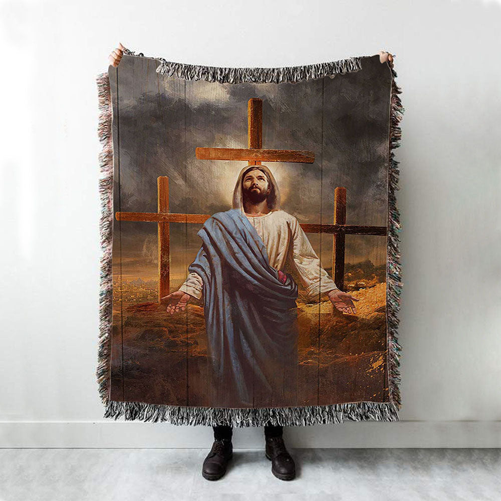 Jesus Three Old Rugged Cross Woven Blanket Art - Christian Art - Bible Verse Throw Blanket - Religious Home Decor