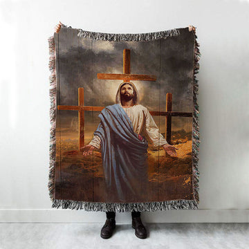Jesus Three Old Rugged Cross Woven Blanket Art - Christian Art - Bible Verse Throw Blanket - Religious Home Decor