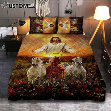 Jesus Three Wooden Crosses Gorgeous Horses Running At Sunrise Quilt Bedding Set Bedroom - Christian Cover Twin Bedding Quilt Bedding Set - Gift For Horse Lover