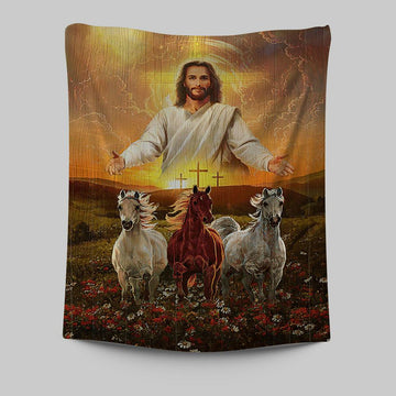 Jesus Three Wooden Crosses Gorgeous Horses Running At Sunrise Tapestry Wall Art - Christian Wall Tapestry - Gift For Horse Lover