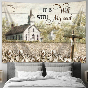 Jesus, Vintage Church, Wooden Cross, It Is Well With My Soul Tapestry, Tapestries for Living Room Bedroom