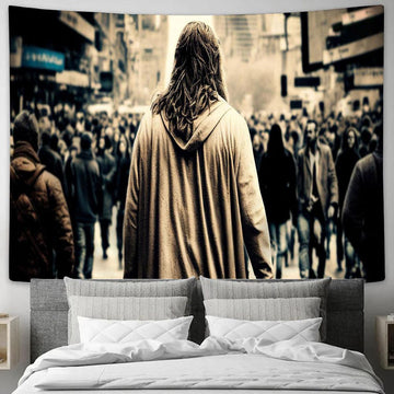 Jesus Walking Modern City Among Crowds Tapestry Pictures - Faith Art - Christian Tapestry Wall Art Decor