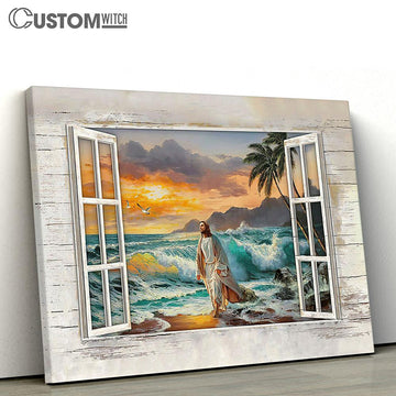 Jesus Walking On The Beach Window Frame Canvas Art - Bible Verse Wall Art - Wall Decor Christian