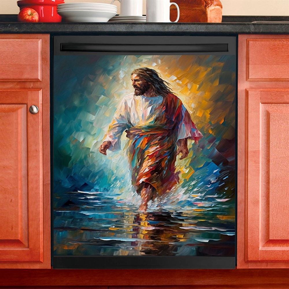 Jesus Walking On The Sea Dolphin Dishwasher Cover, Christian Dishwasher Wrap, Bible Verse Kitchen Decoration