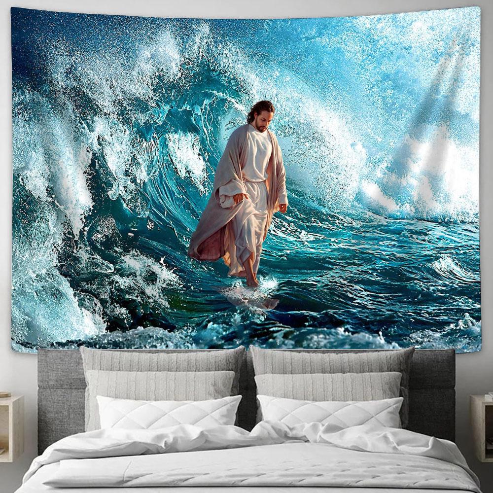 Jesus Walking On The Sea Tapestry Wall Art - Jesus Christ Tapestry - Christian Tapestry Prints