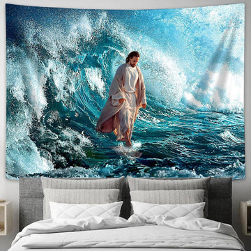 Jesus Walking On The Sea Tapestry Wall Art - Jesus Christ Tapestry - Christian Tapestry Prints