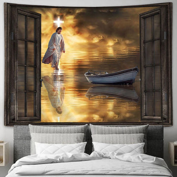 Jesus Walking On The Water In Window Frame Tapestry Prints - Jesus Christ Tapestry - Christian Tapestry Prints