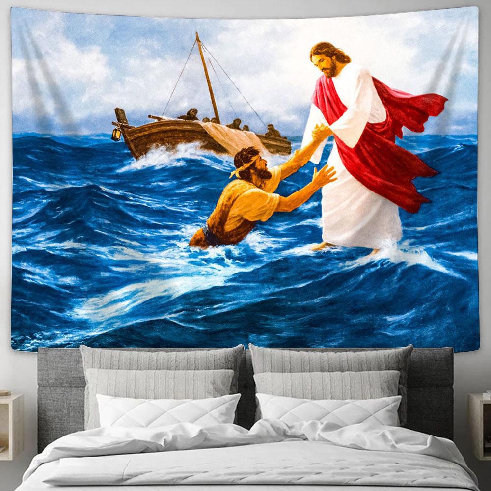 Jesus Walking On The Water Tapestry Pictures - Faith Art - Christian Tapestry Wall Art Decor