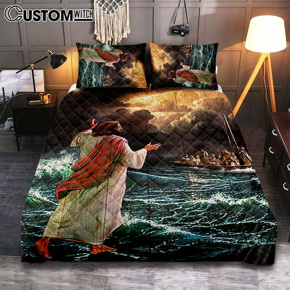 Jesus Walking On Water Bedroom Quilt Bedding Set - Jesus Portrait Quilt Bedding Set Prints - Christian Bedroom
