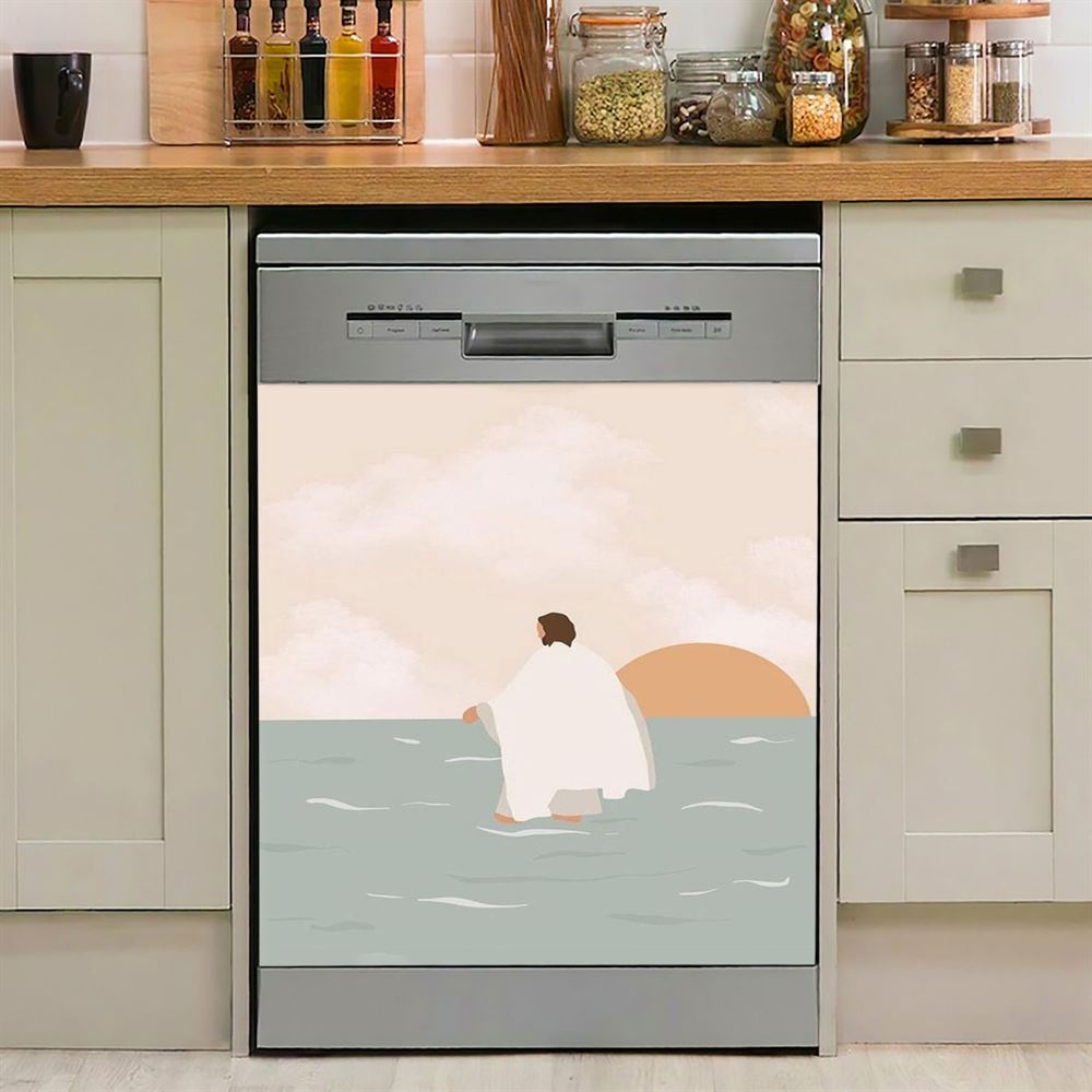Jesus Walking On Water Dishwasher Cover, For We Walk By Faith Ocean Turtle Dishwasher Wrap, Jesus Portrait Kitchen Decoration