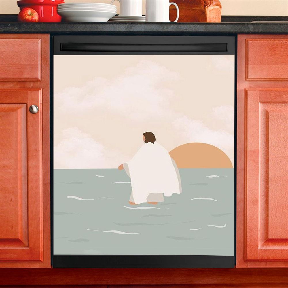 Jesus Walking On Water Dishwasher Cover, For We Walk By Faith Ocean Turtle Dishwasher Wrap, Jesus Portrait Kitchen Decoration