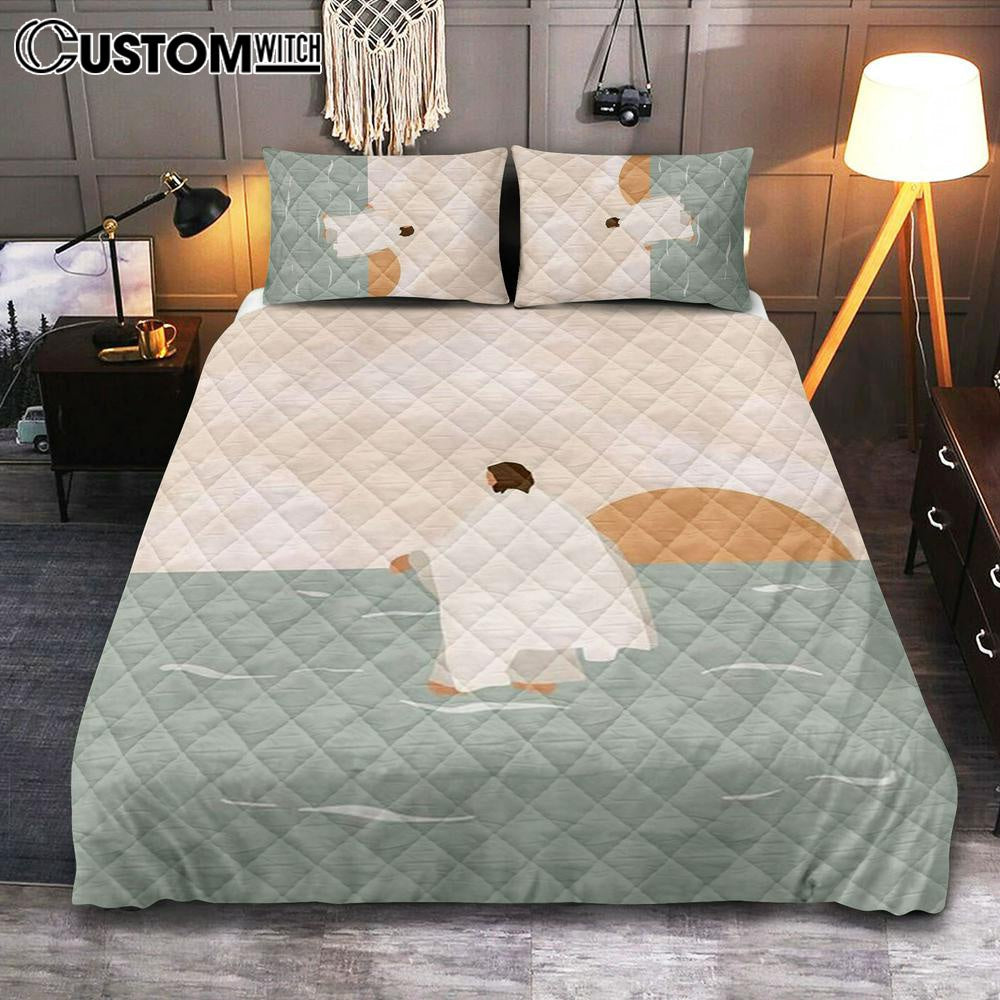 Jesus Walking On Water Quilt Bedding Set Painting - Jesus Cover Twin Bedding Decor - Christian Bedroom