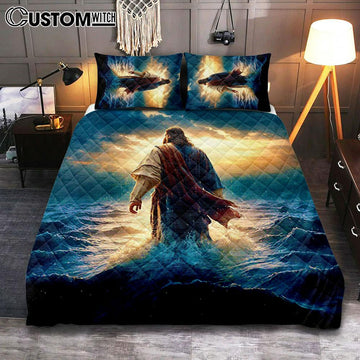 Jesus Walking On Water Quilt Bedding Set Print - Jesus Cover Twin Bedding Decor - Christian Bedroom