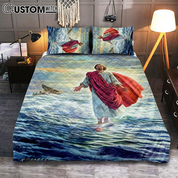 Jesus Walking On Water Quilt Bedding Set Prints - Religious Quilt Bedding Set Art - Christian Cover Twin Bedding Decor