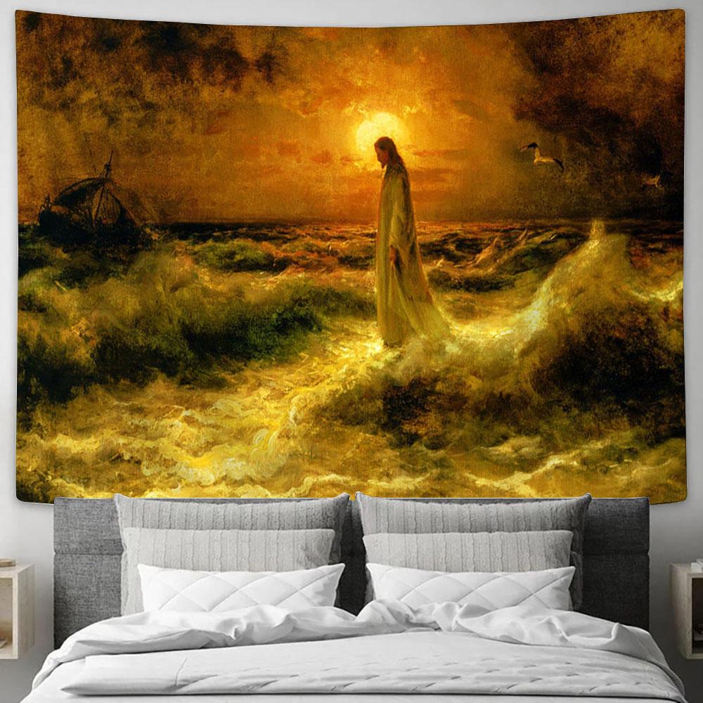 Jesus Walking On Water Tapestry Pictures - Faith Art - Christian Tapestry Wall Art Decor