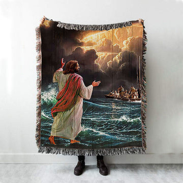Jesus Walking On Water Throw Blanket Woven Blanket - Jesus Portrait Woven Blanket Prints - Christian Throw Blanket