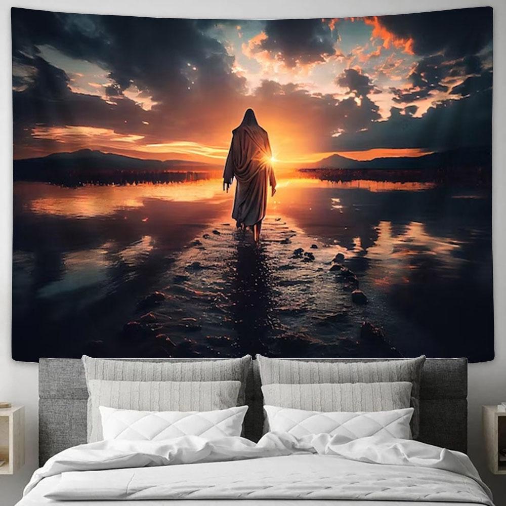 Jesus Walking On Water Wall Art Tapestry - Jesus Christ Picture - Christian Home Decor