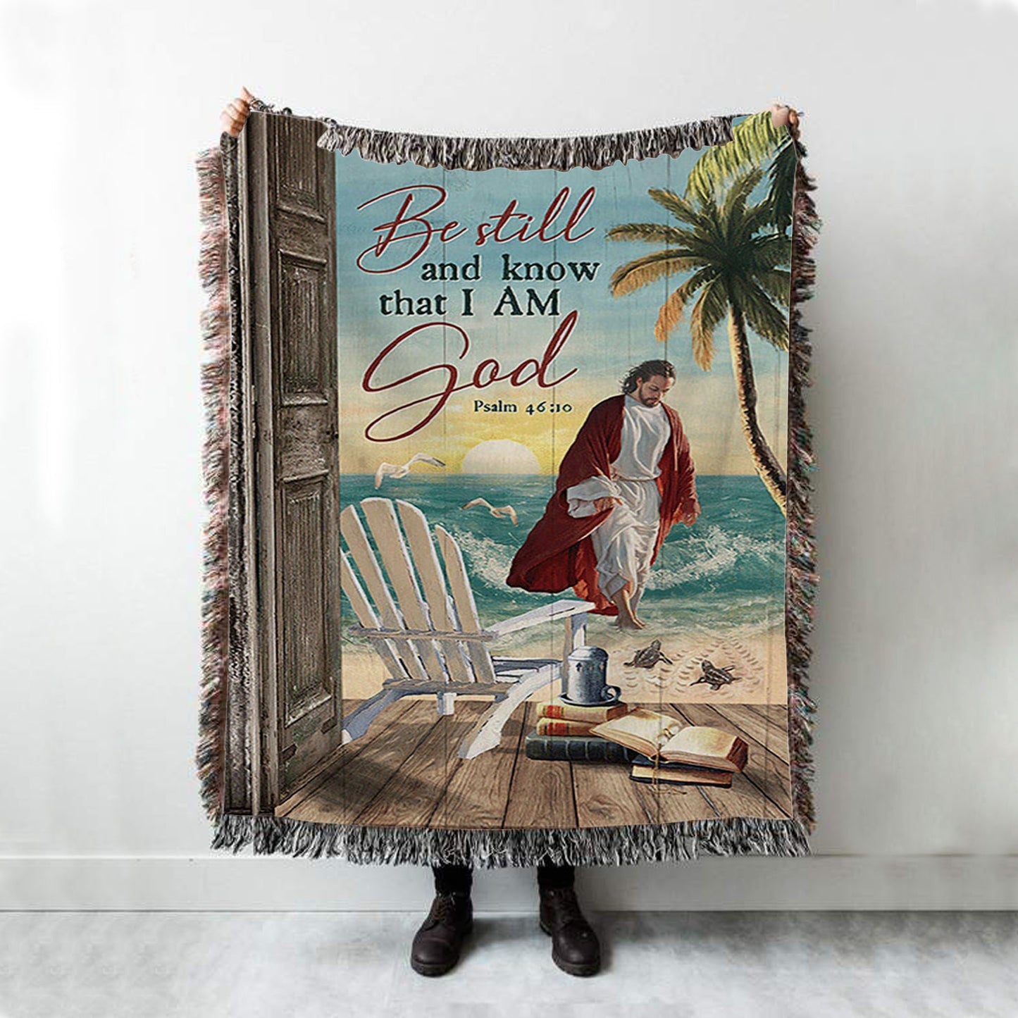 Jesus Walking On Water Woven Blanket - Be Still And Know That I Am God Boho Blanket - Jesus Portrait Woven Blanket Prints - Christian Throw Blanket
