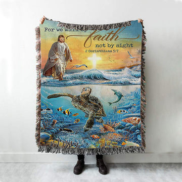 Jesus Walking On Water Woven Blanket - For We Walk By Faith Ocean Turtle Boho Blanket - Jesus Portrait Woven Blanket Prints - Christian Throw Blanket