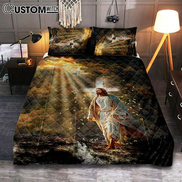 Jesus Walking On Water Yellow Butterfly Quilt Bedding Set Art - Christian Art - Bible Verse Bedroom - Religious Home Decor