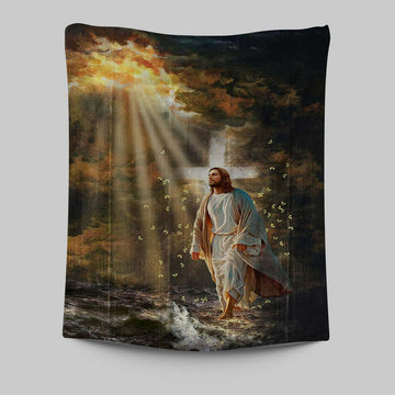 Jesus Walking On Water Yellow Butterfly Tapestry Art - Christian Art - Bible Verse Wall Art - Religious Home Decor