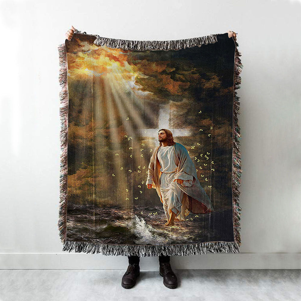 Jesus Walking On Water Yellow Butterfly Woven Blanket Art - Christian Art - Bible Verse Throw Blanket - Religious Home Decor