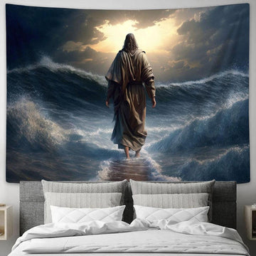 Jesus Walking Water 1 Tapestry Pictures - Faith Art - Christian Tapestry Wall Art Decor