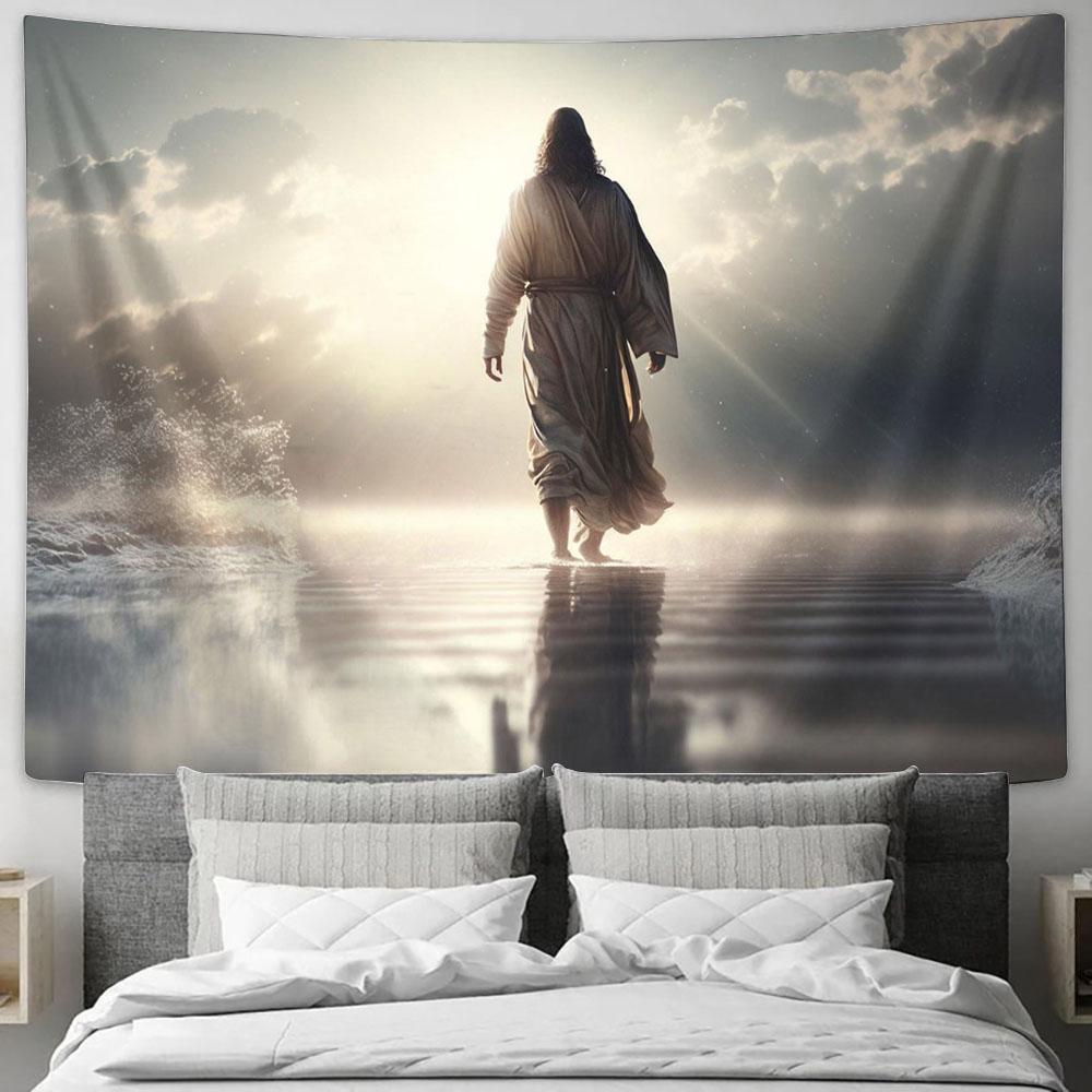 Jesus Walking Water Religious Tapestry Pictures - Faith Art - Christian Tapestry Wall Art Decor
