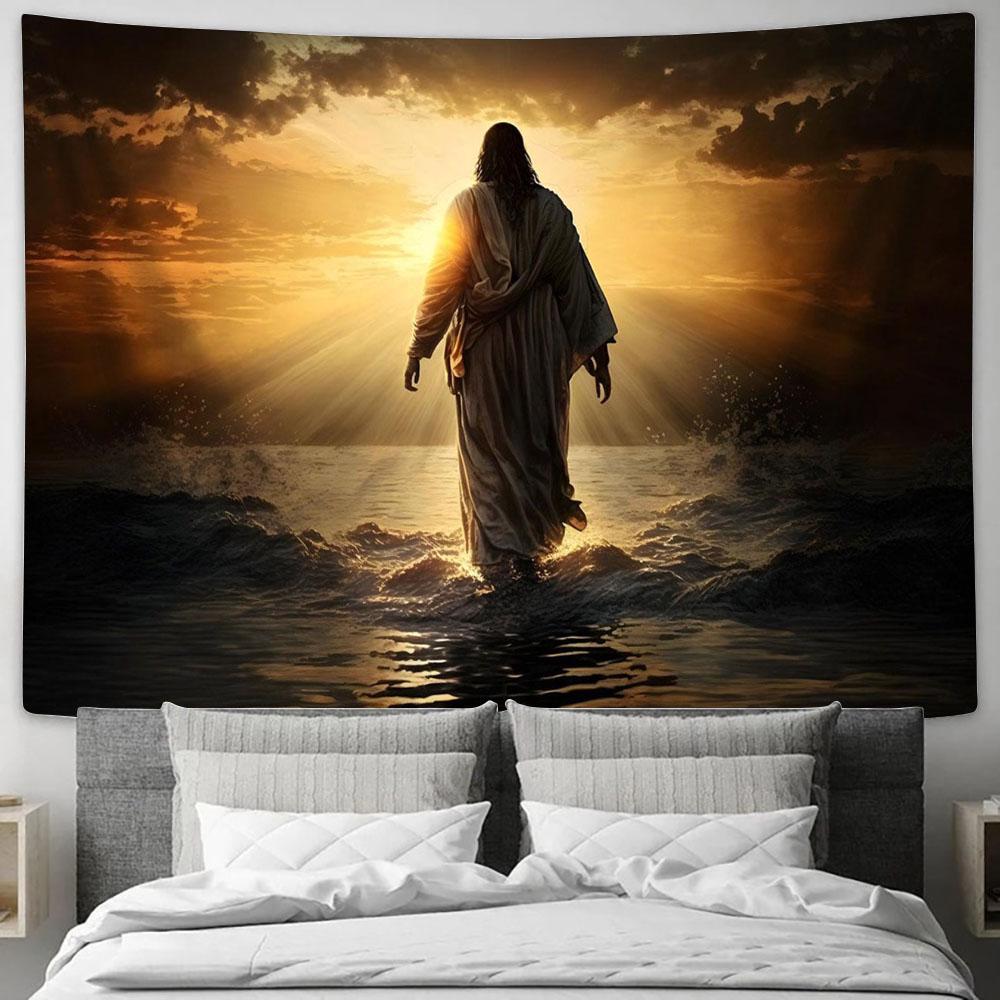 Jesus Walking Water Sunset Tapestry Pictures - Faith Art - Christian Tapestry Wall Art Decor