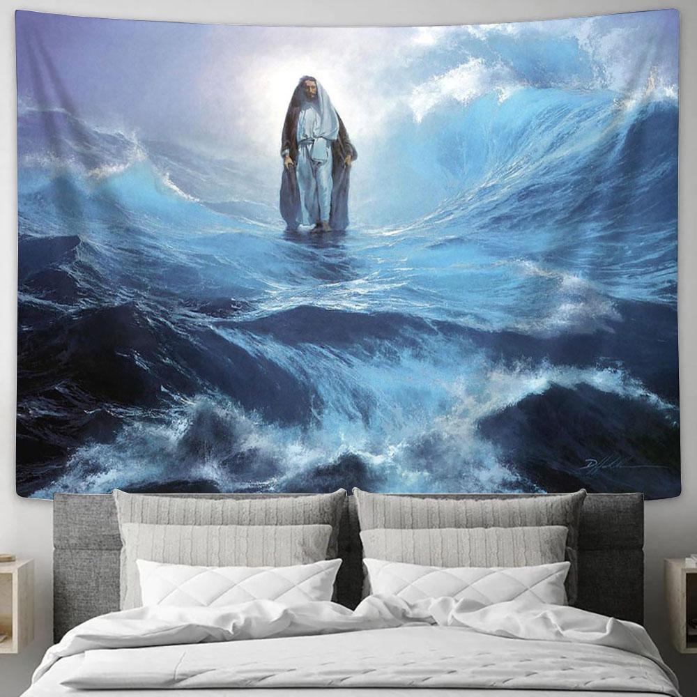 Jesus Walking Water Tapestry Pictures - Faith Art - Christian Tapestry Wall Art Decor